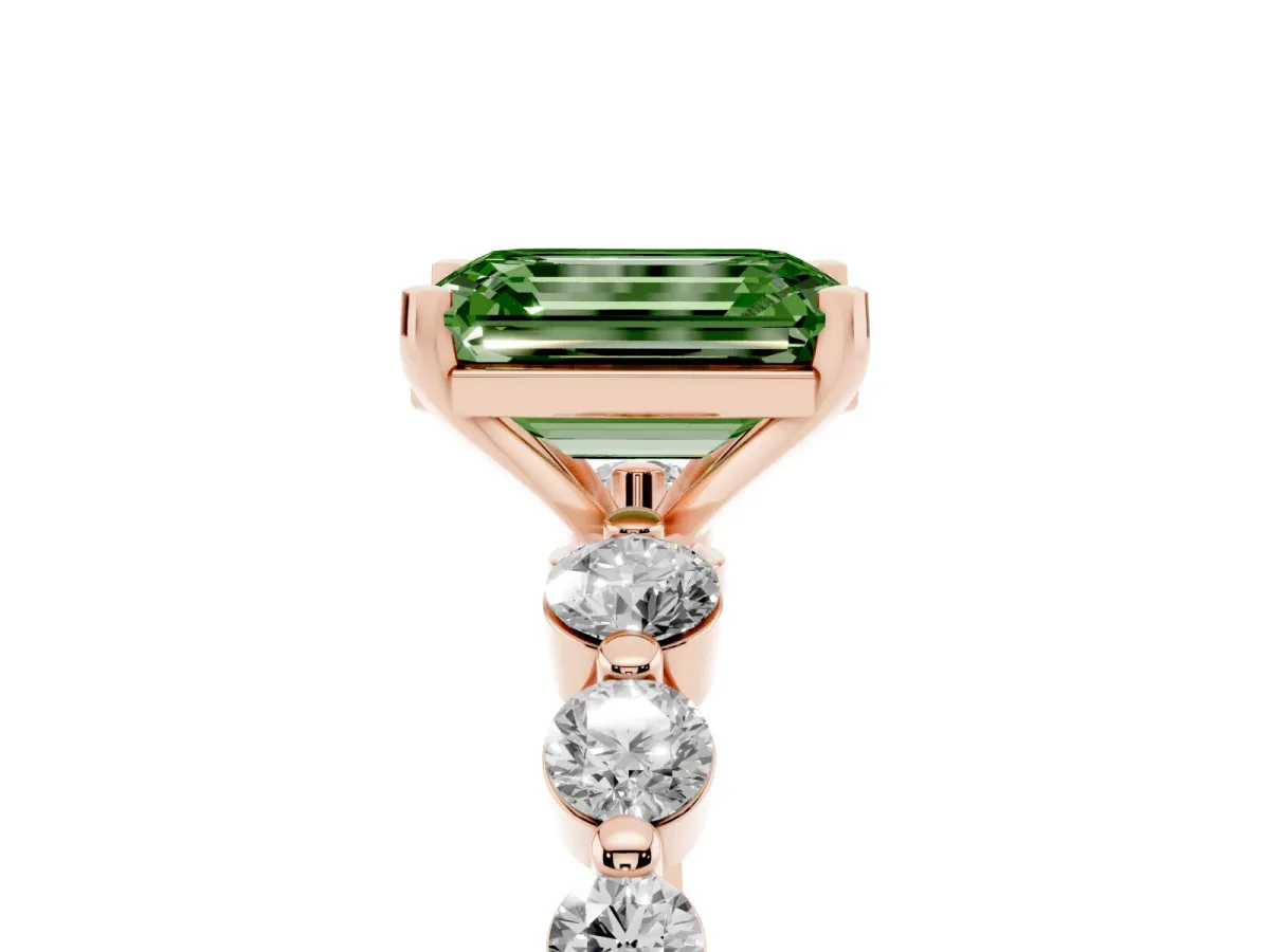 Fancy Green Emerald Cut Solitaire Diamond Ring with Pave Band and Four-Prong Setting Rose gold