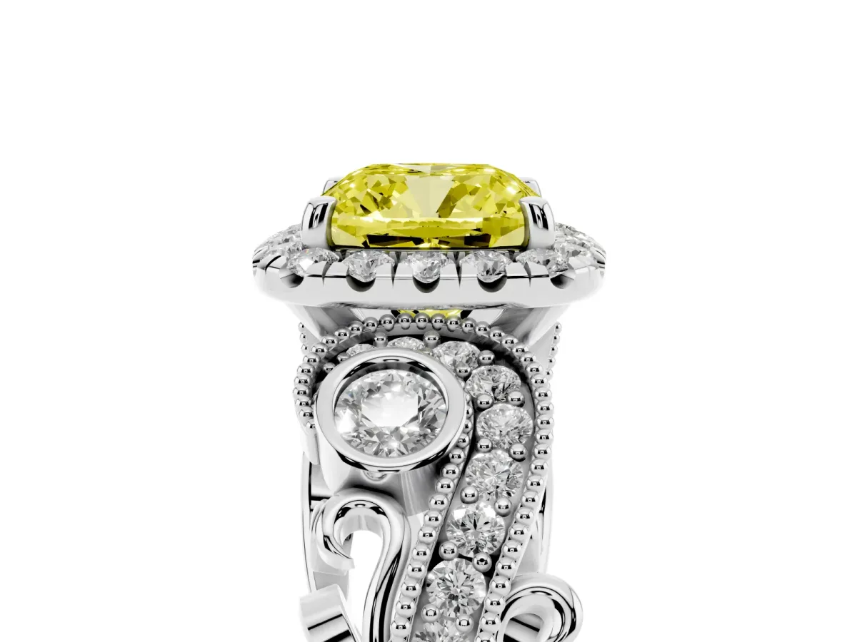 Fancy Yellow Cushion Cut Halo Diamond Ring with Milgrain and Bezel Accents on a Split Shank Band Platinum