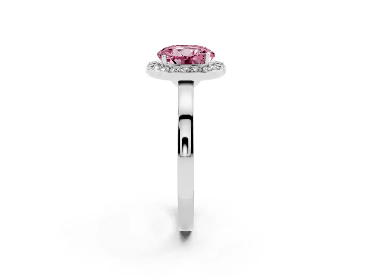 Fancy Pink Round Cut Halo Diamond Ring with Solitaire Band and Prong Setting Platinum