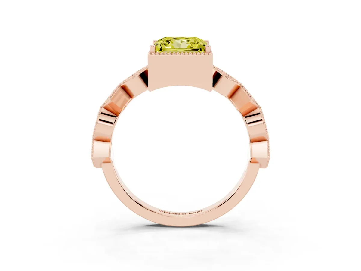 Fancy Yellow Princess Cut Milgrain Marquise Diamond Twist Band Ring Rose gold