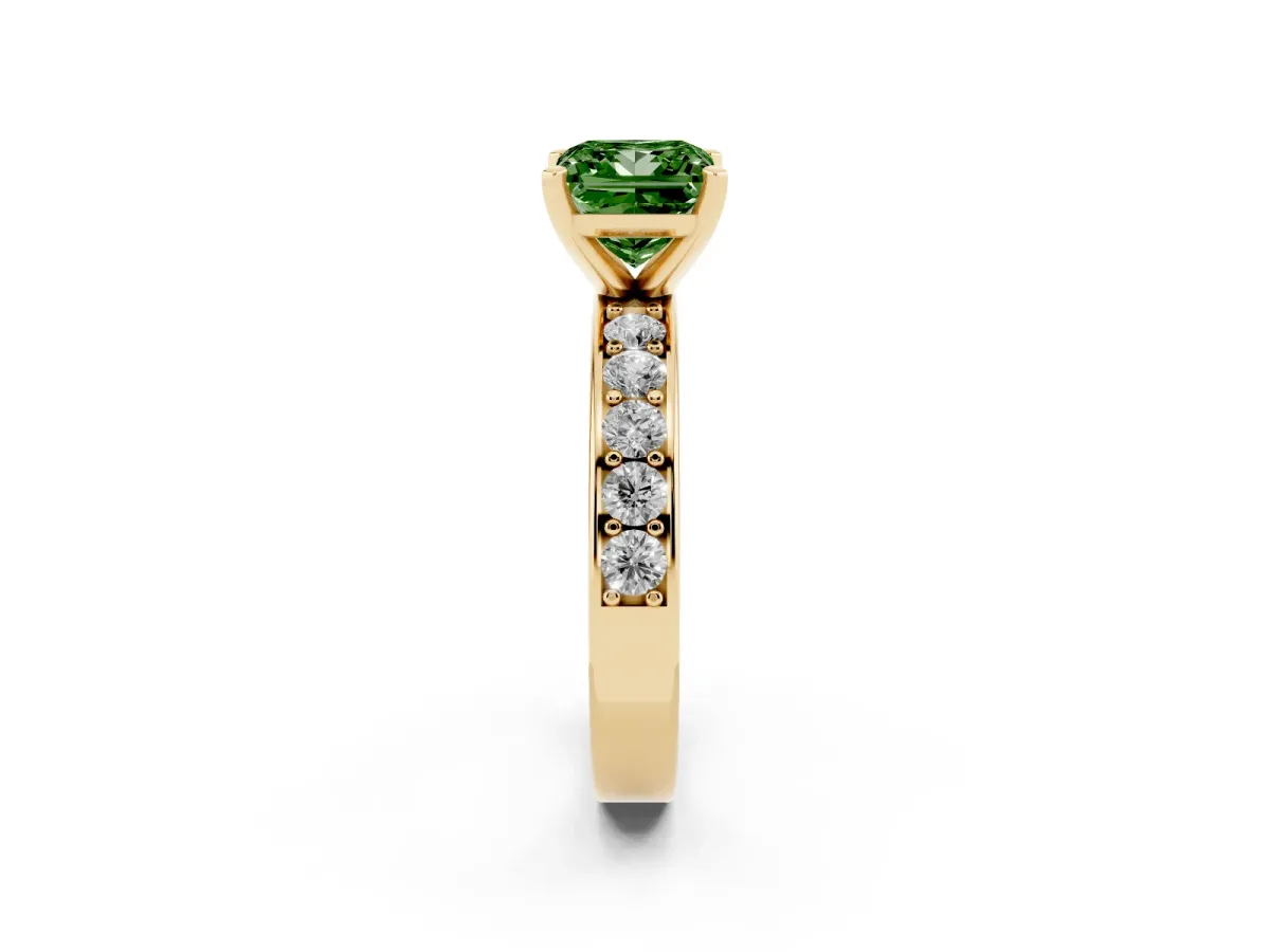 Fancy Green Princess Cut Diamond Engagement Ring with Channel Set Round Band and Prong Setting Yellow gold