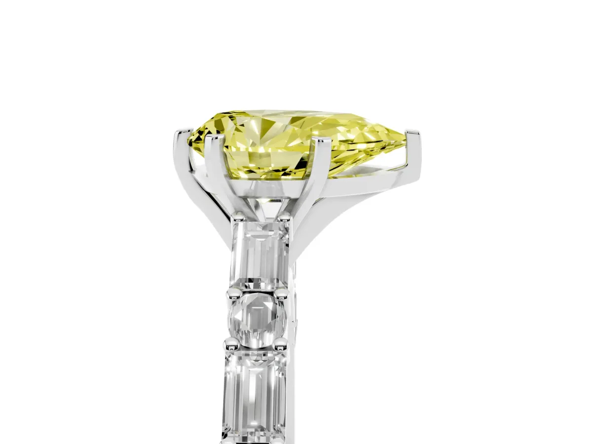 Fancy Yellow Pear Cut Diamond Solitaire with Side Baguettes and Channel Set Band Silver
