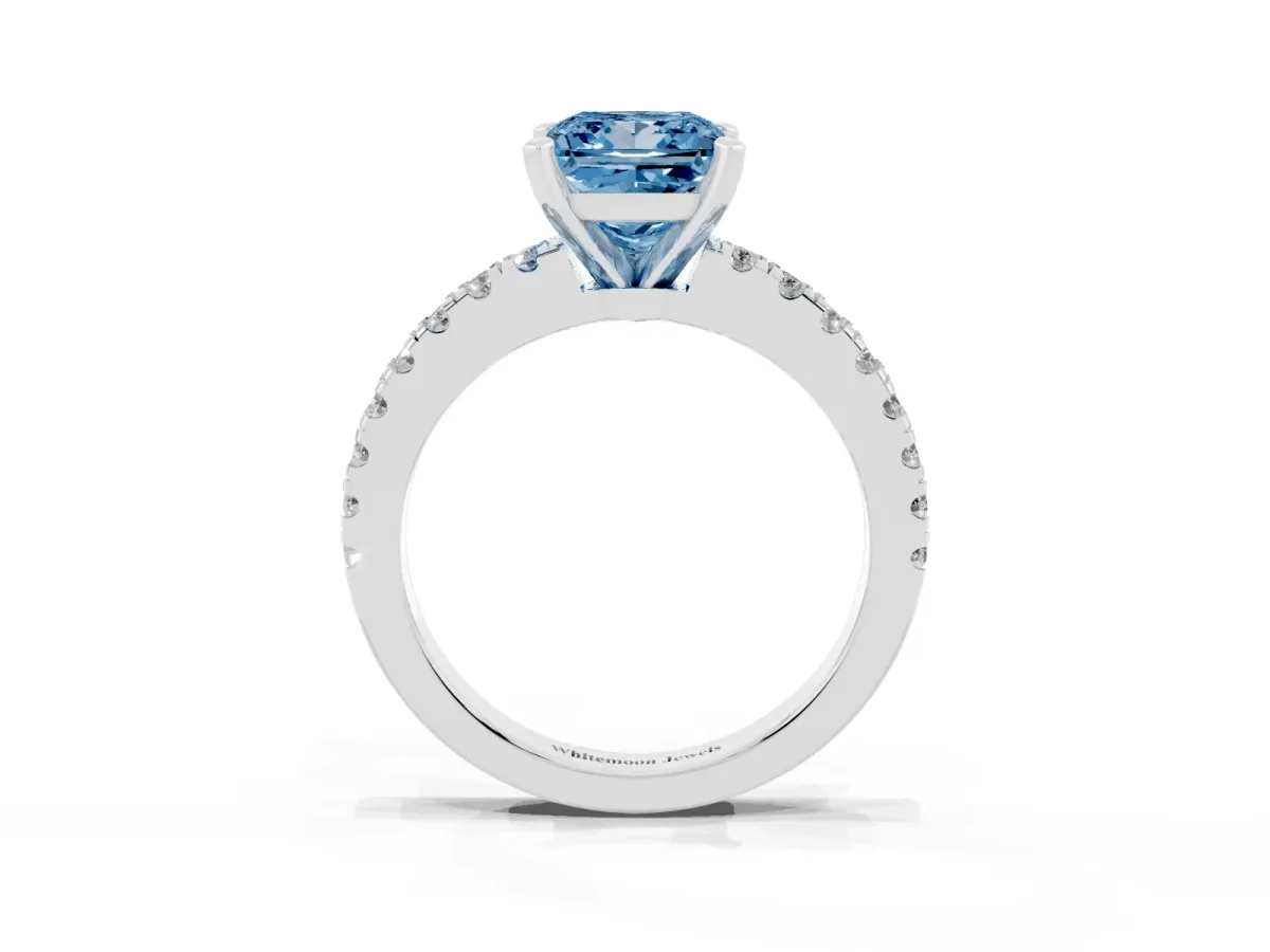 Fancy Blue Princess Cut Solitaire Diamond with Pavé Band and Four-Prong Setting Silver