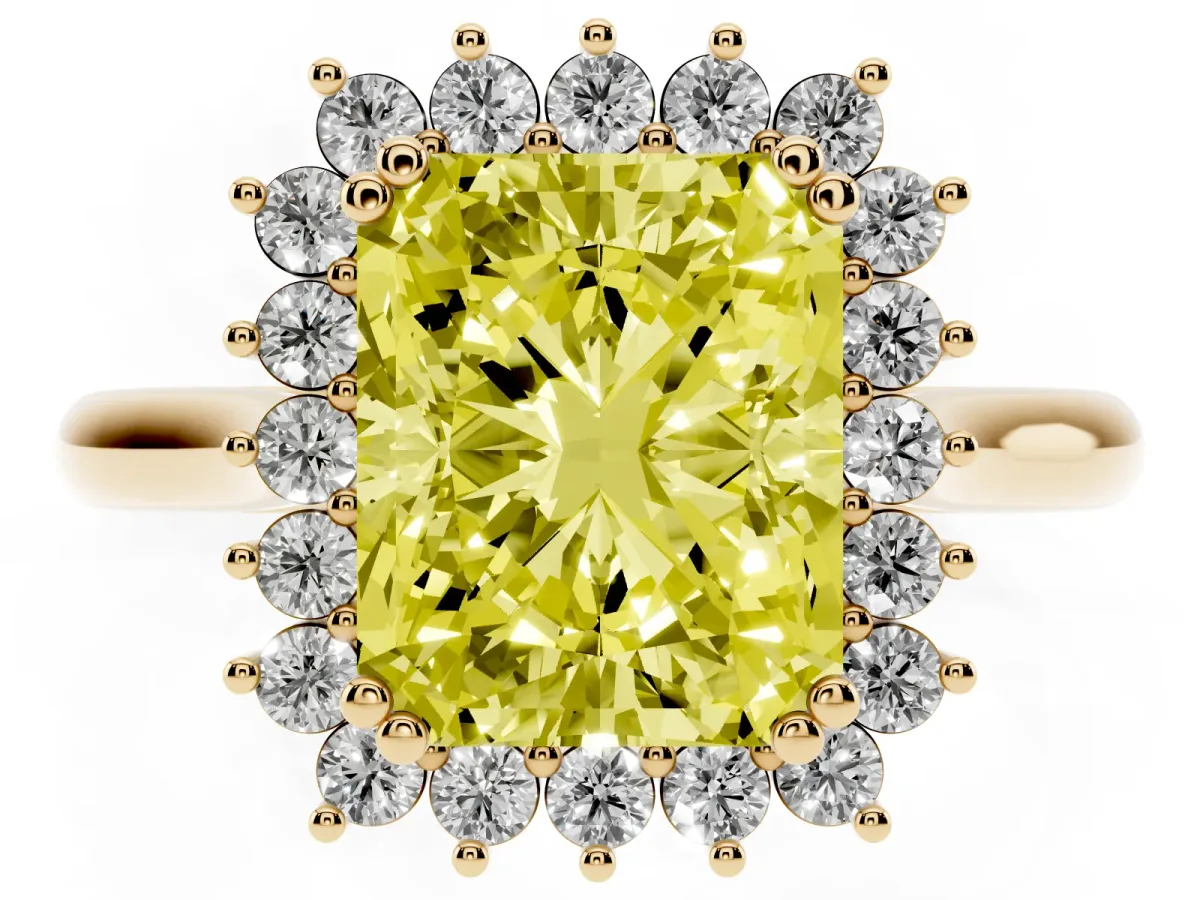 Fancy Yellow Radiant Cut Cut Diamond Halo Ring with Solitaire Band and Prong Setting Yellow gold