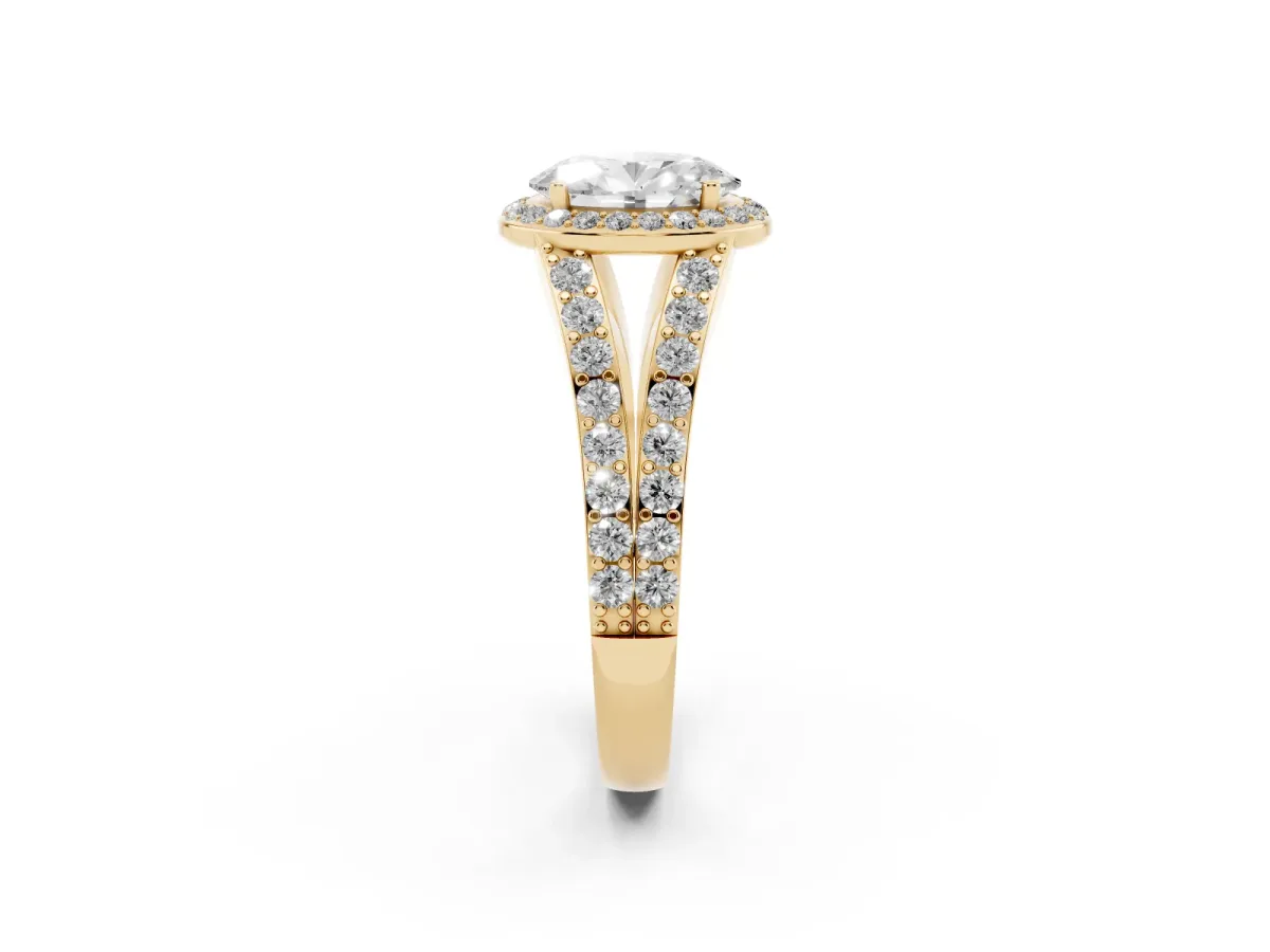 Oval Cut Diamond Split Shank Halo Ring with Four-Prong Setting Yellow gold
