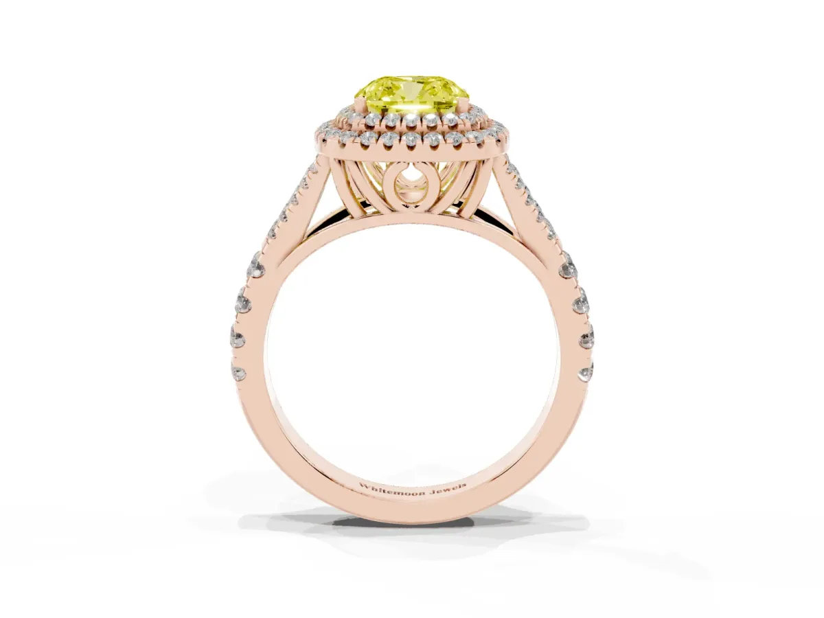 Fancy Yellow Cushion Cut Diamond Pavé Split Shank Double Halo Engagement Ring Rose gold