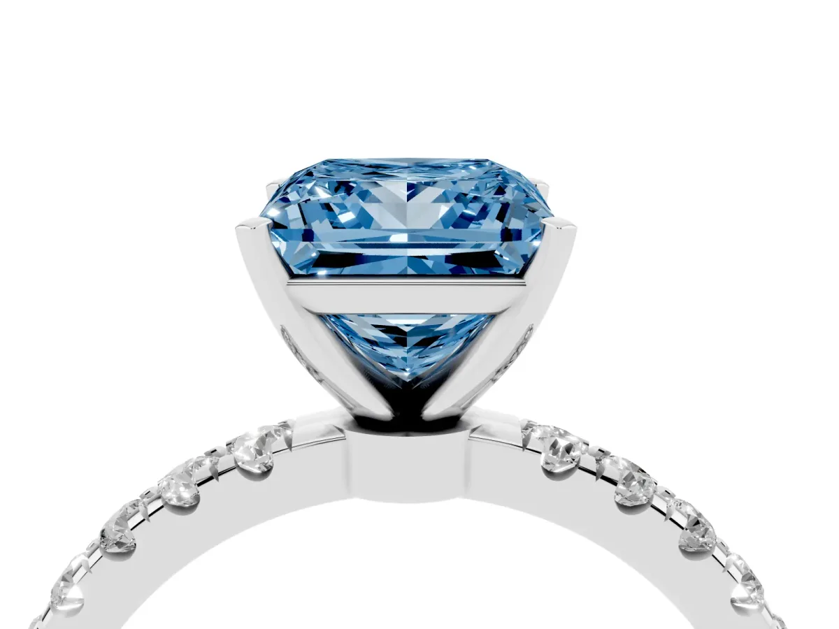 Fancy Blue Princess Cut Diamond Solitaire Ring with Pavé Accents and Four-Prong Setting Platinum