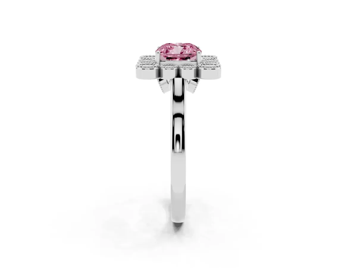 Fancy Pink Cushion Cut Halo Diamond Cluster Engagement Ring with Milgrain Bezel Setting and Solitaire Band Platinum