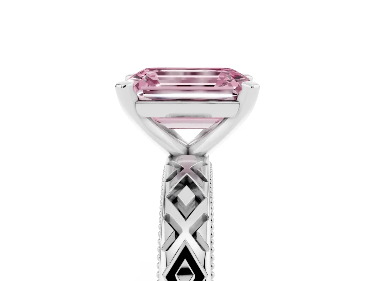 Fancy Pink Emerald Cut Solitaire Diamond Ring with Milgrain and Black Enamel X Pattern Band Platinum