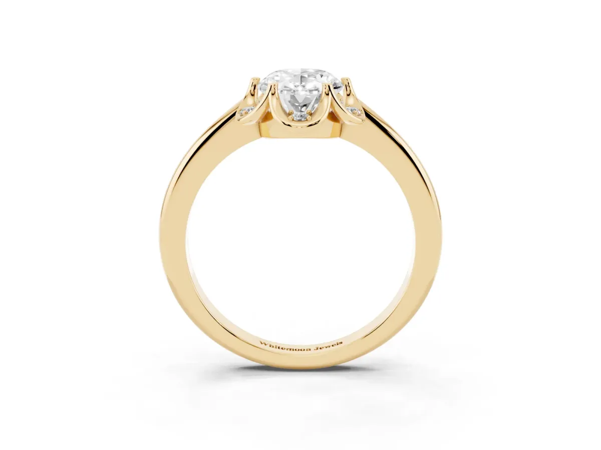 Oval Cut Halo Diamond Ring with Round Cluster Setting, Solitaire Band, and Four-Prong Setting Yellow gold