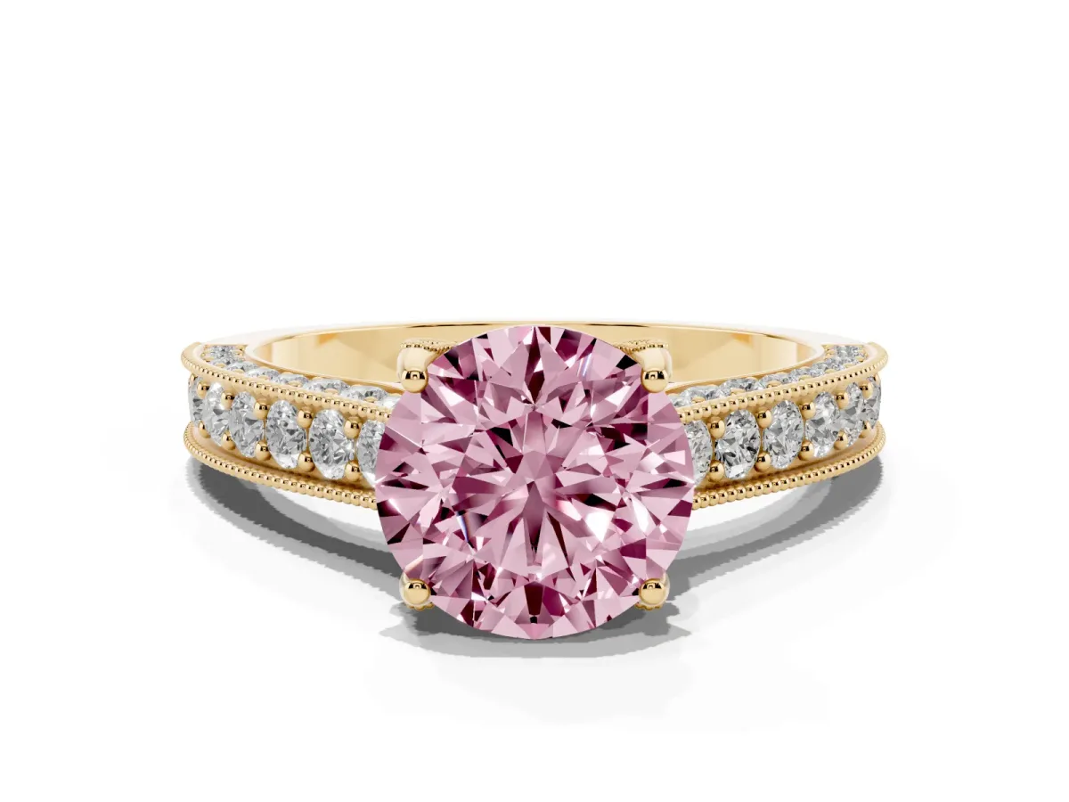 Fancy Pink Round Cut Cut Diamond Solitaire Ring with Milgrain Pave Band and Four Prong Setting Yellow gold