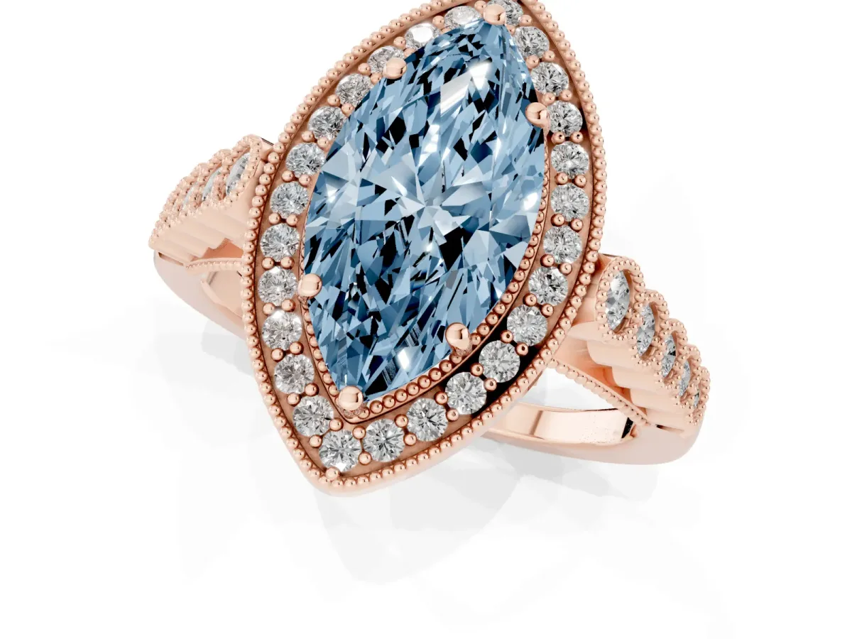 Fancy Blue Marquise Cut Halo Milgrain Solitaire with Bezel Set Side Stones and Pave Band Rose gold
