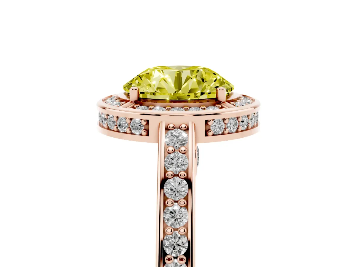 Fancy Yellow Round Cut Cut Halo Pave Split Shank Prong Setting Ring Rose gold