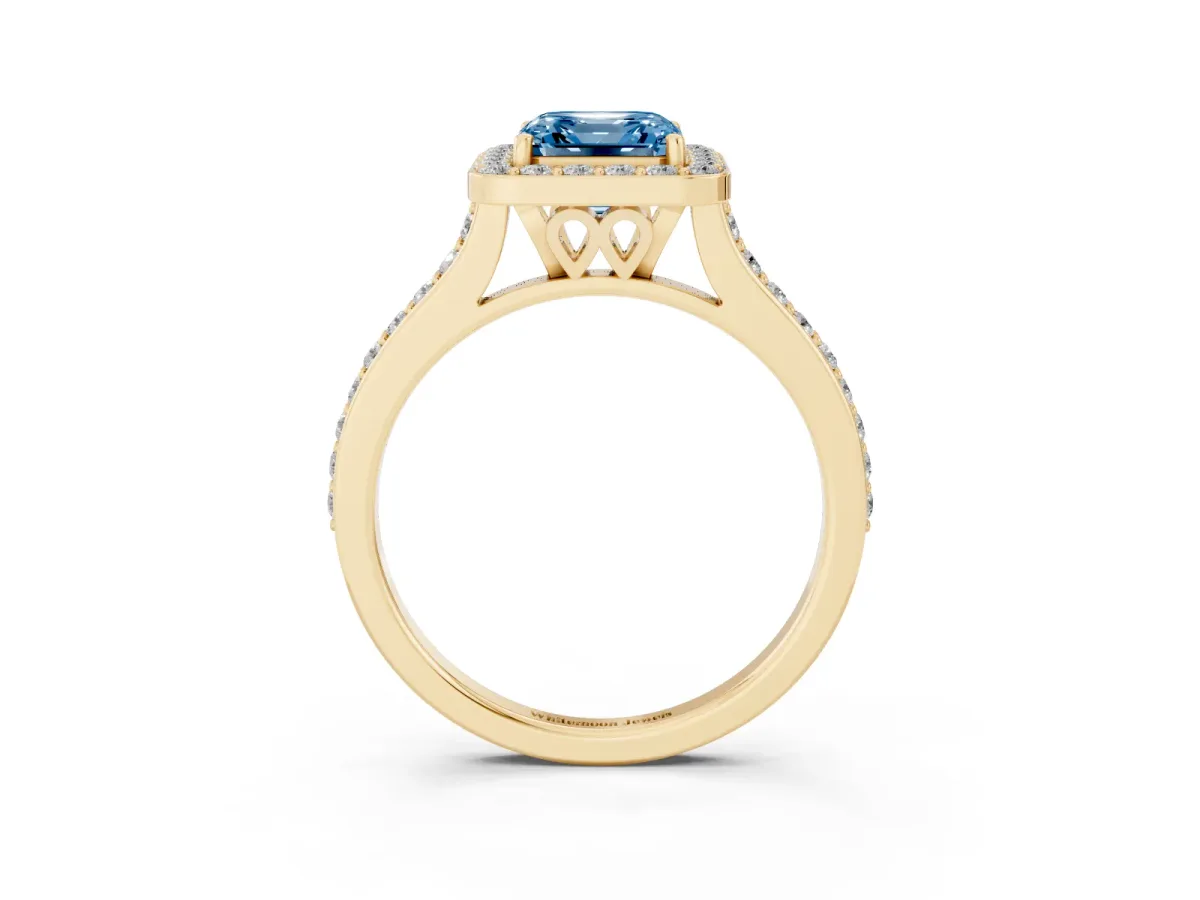 Fancy Blue Asscher Cut Diamond Halo Engagement Ring with Round Pavé Shoulders and Prong Setting Yellow gold