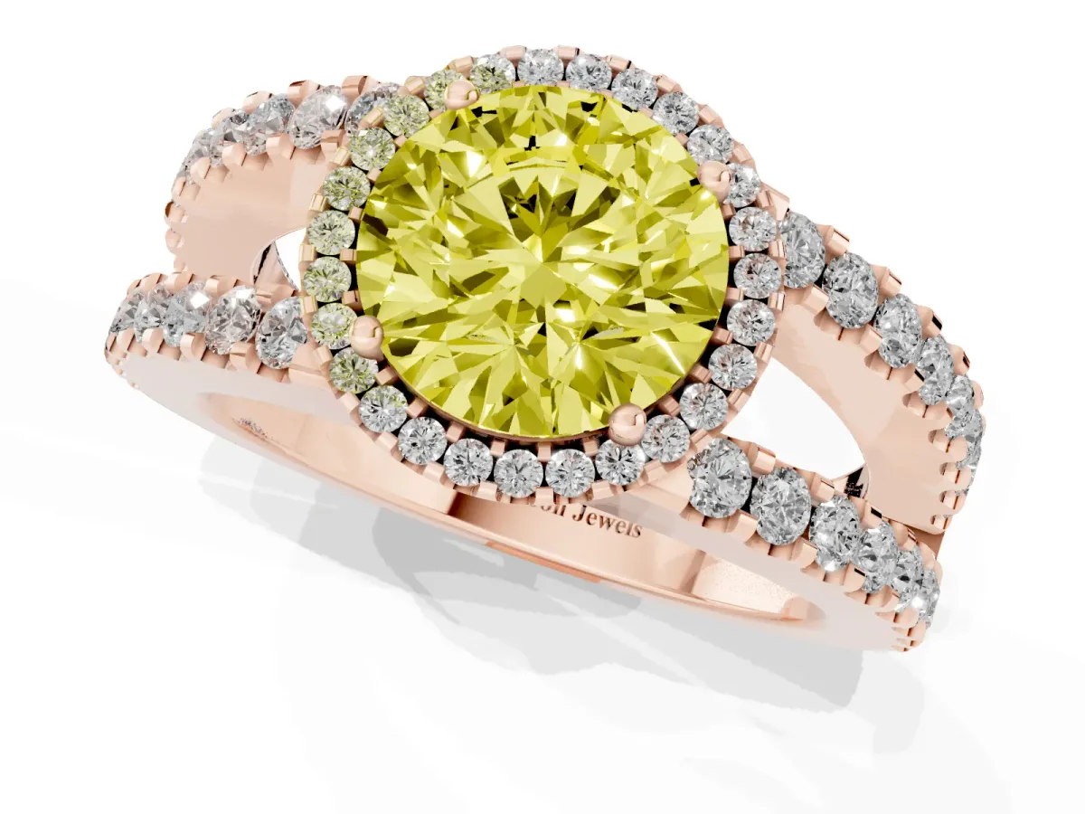 Fancy Yellow Round Cut Cut Halo Split Shank Diamond Ring with Four-Prong Setting Rose gold