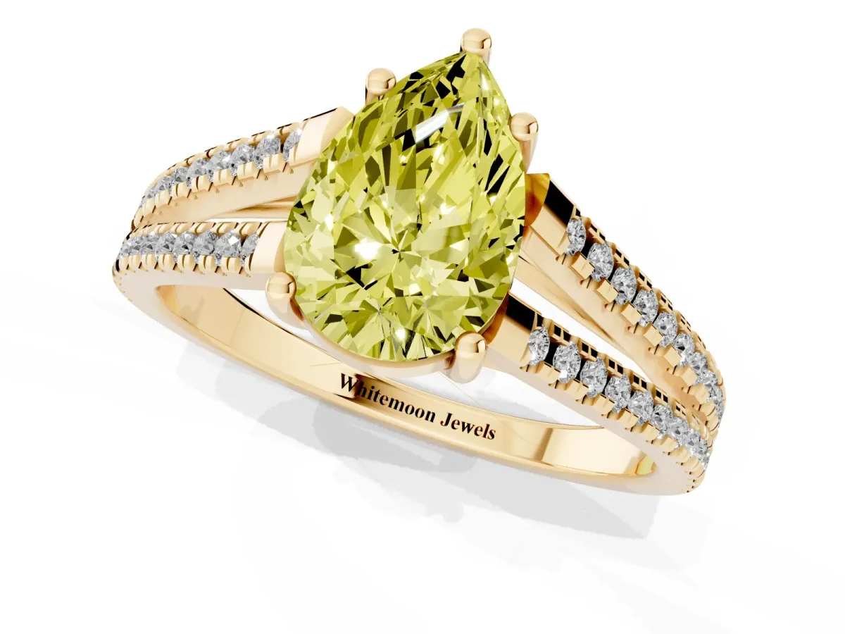 Fancy Yellow Pear Cut Diamond Solitaire Engagement Ring with Split Shank Pavé Band Yellow gold