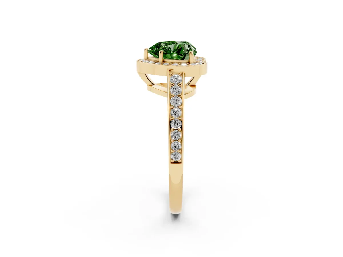 Fancy Green Heart Cut Halo Pavé Diamond Engagement Ring with Bezel Setting Yellow gold