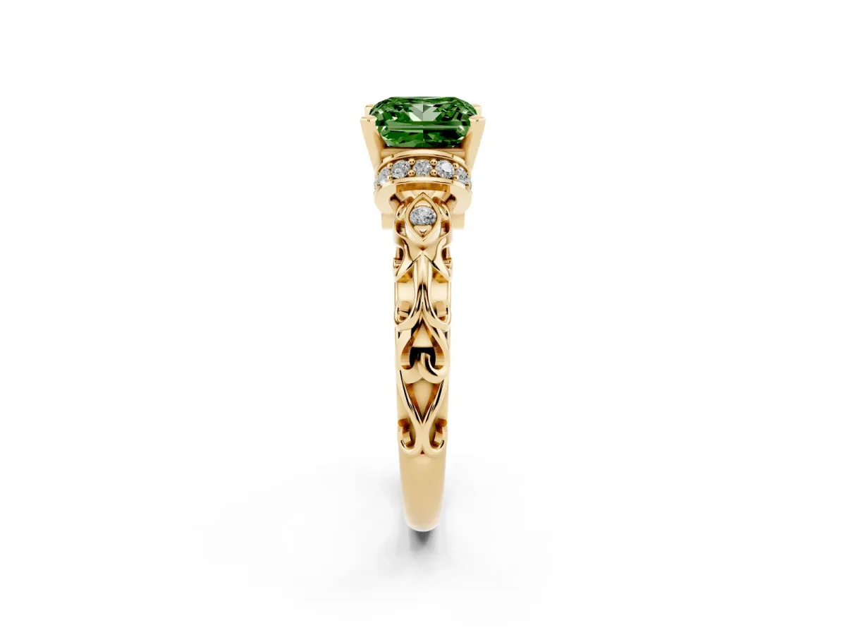 Fancy Green Princess Cut Diamond Solitaire Ring with Filigree Band and Four-Prong Setting Yellow gold