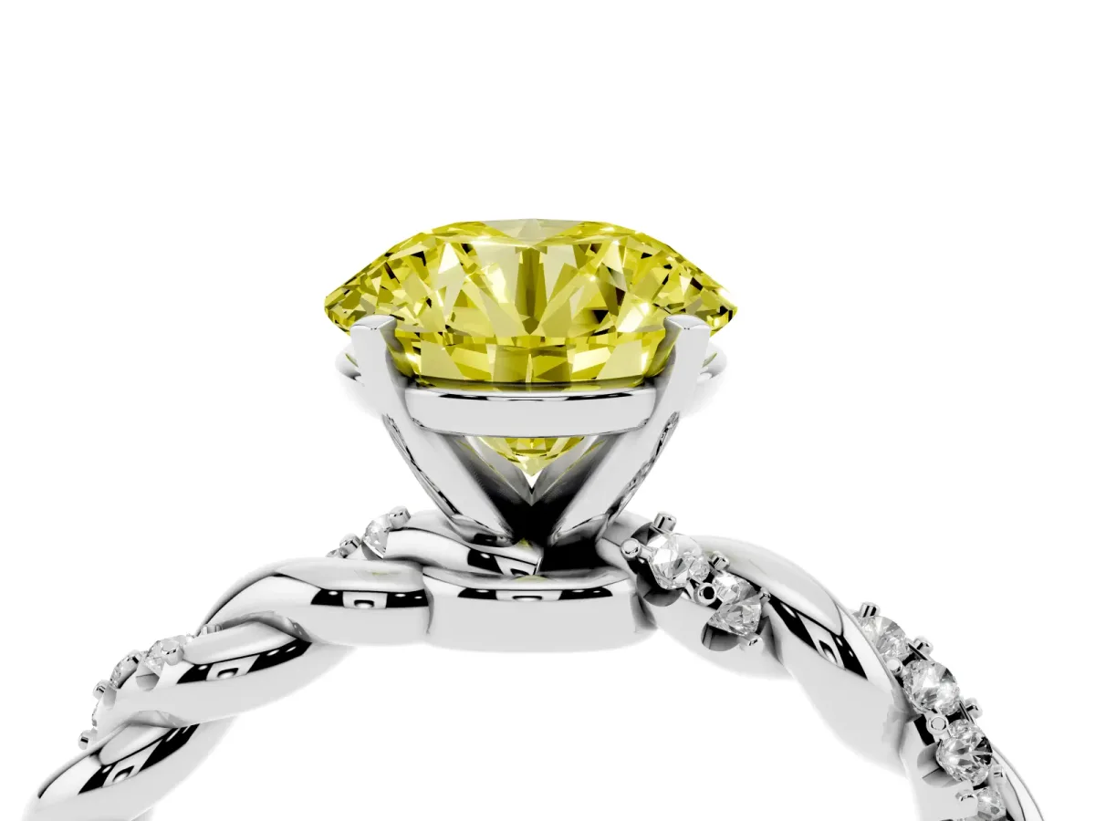 Fancy Yellow Round Cut Diamond Solitaire Ring with Twisted Band and Pavé Accents Silver