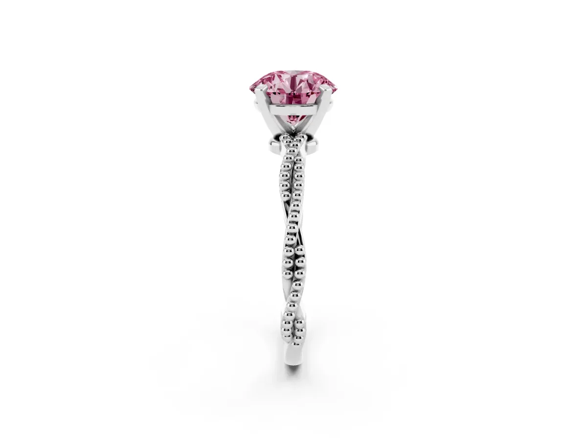 Fancy Pink Round Cut Solitaire Twisted Band with Bead Prong Setting Silver