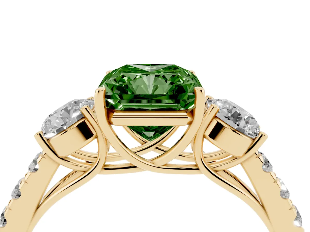 Fancy Green Radiant Cut Cut Diamond Three-Stone Ring with Round Side Stones and Pavé Band Yellow gold