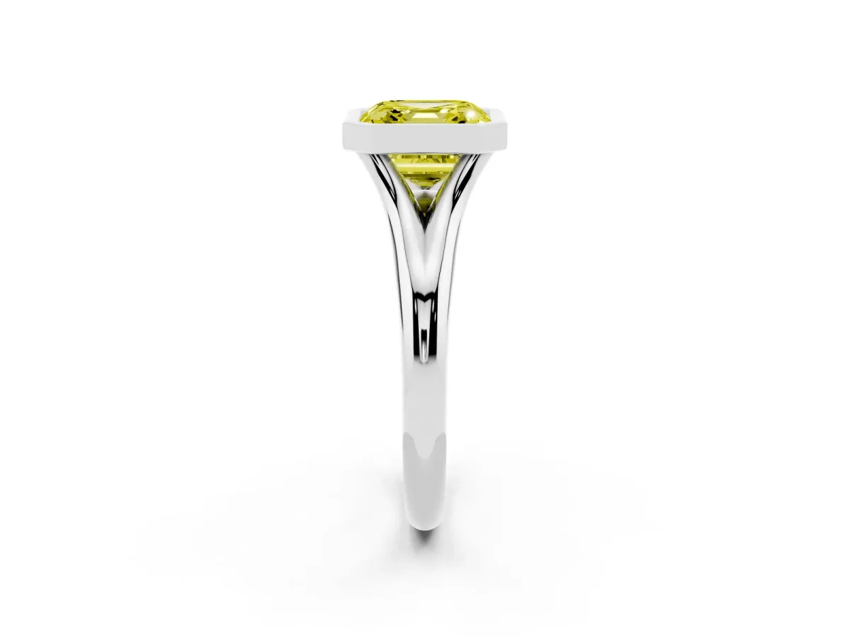 Fancy Yellow Bezel Set Asscher Cut Solitaire Diamond Ring with Smooth Band Silver