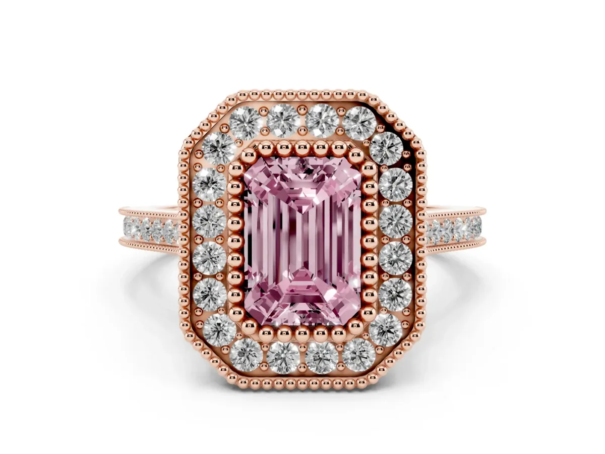 Fancy Pink Emerald Cut Diamond Halo Ring with Milgrain Frame and Pavé Band Rose gold