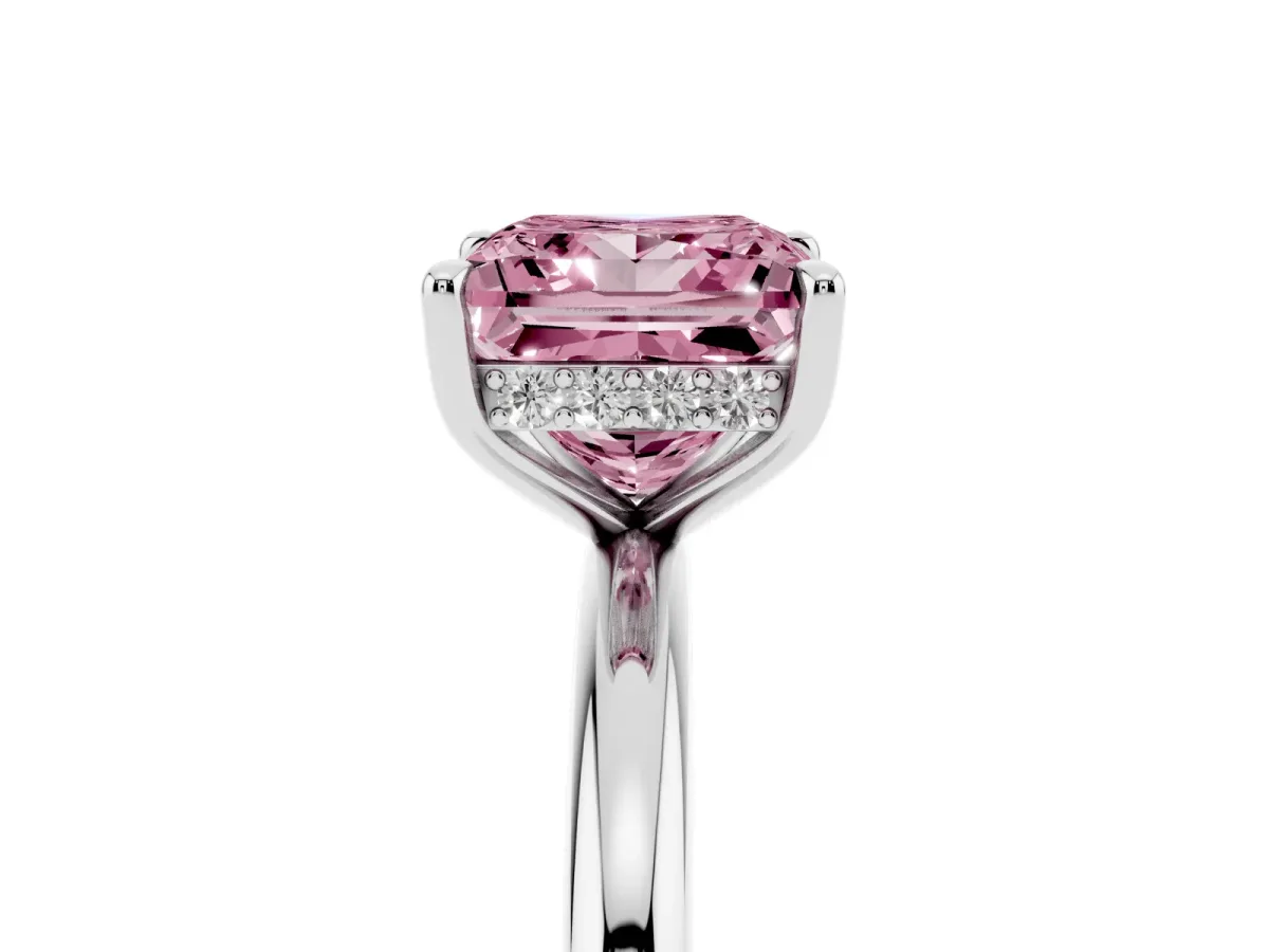 Fancy Pink Princess Cut Diamond Solitaire Ring with Thin Band and Four-Prong Setting Platinum