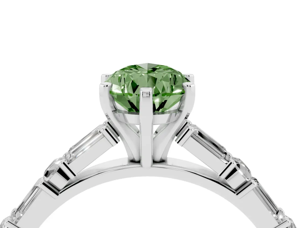 Fancy Green Pear Cut Diamond Solitaire with Side Baguettes and Channel Set Band Platinum
