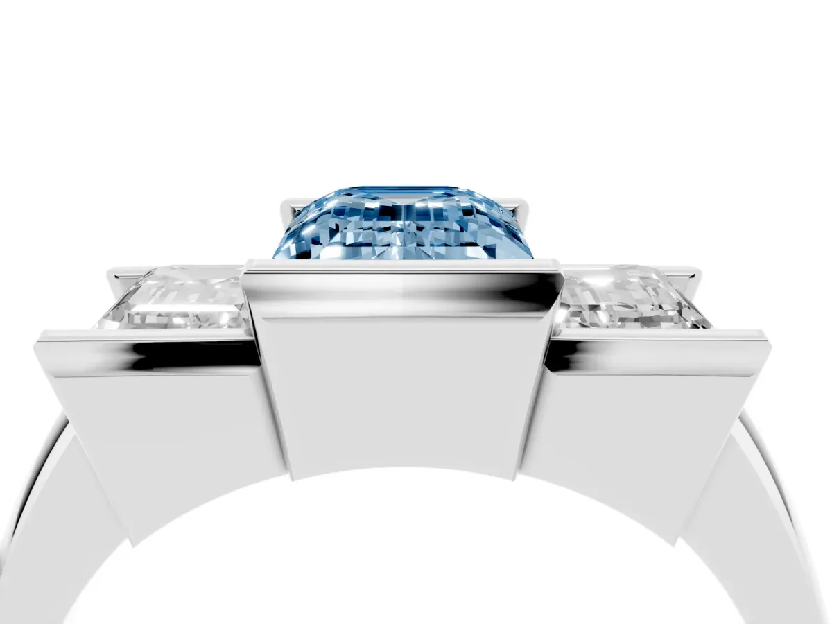 Fancy Blue Three Stone Emerald Cut Cut Channel Set Diamond Ring Silver