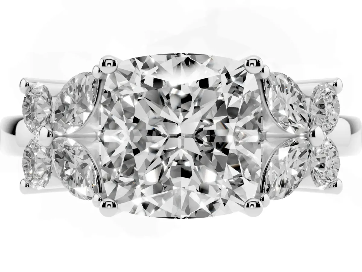 Cushion Cut Diamond Floral Cluster Ring with Solitaire Band and Prong Setting Silver