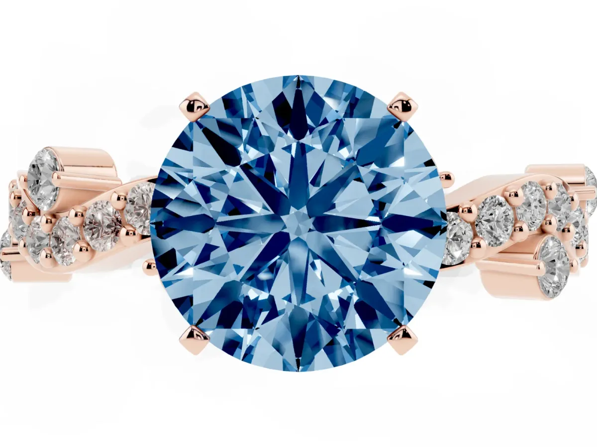 Fancy Blue Round Cut Cut Solitaire Diamond Twisted Band with Pave Setting Rose gold