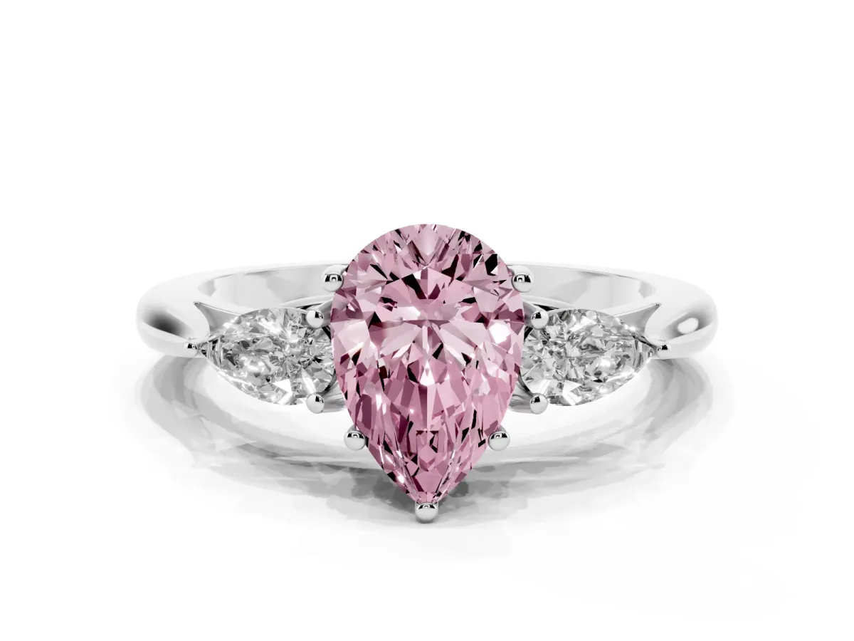 Fancy Pink Three-Stone Pear Cut Diamond Ring with Pear Side Stones in Four-Prong Setting Silver