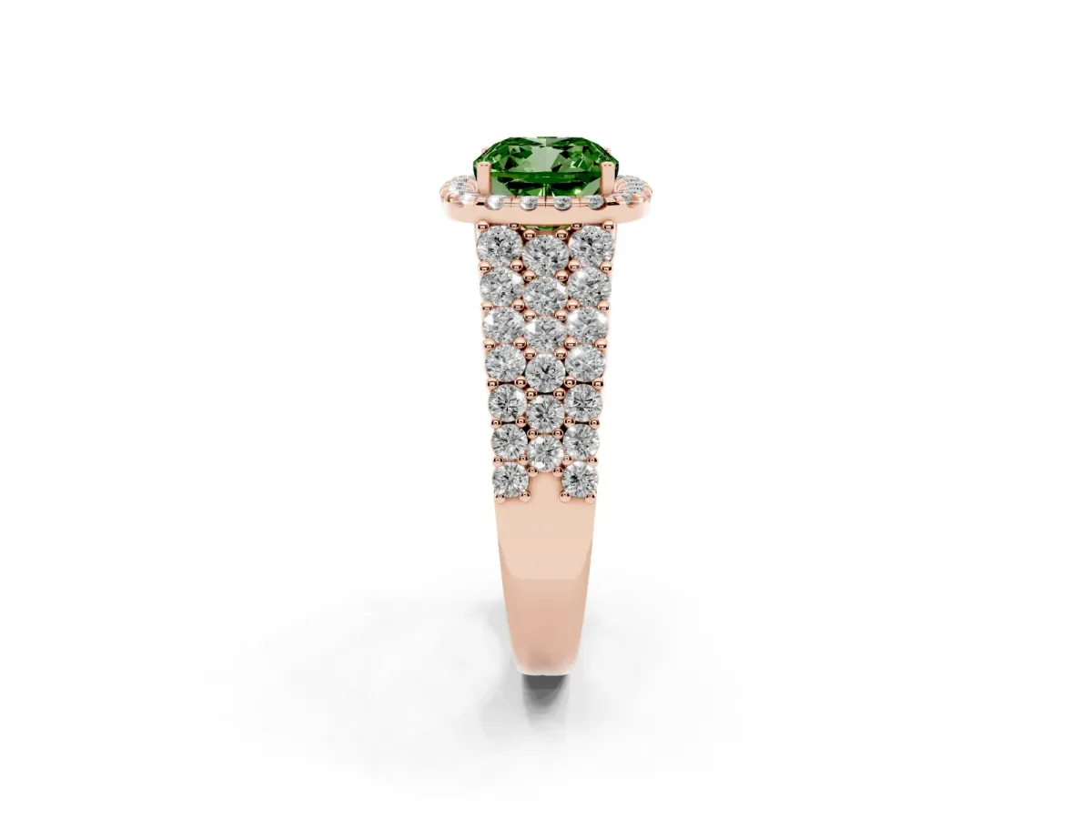 Fancy Green Cushion Cut Diamond Halo Engagement Ring with Triple Row Round Pavé Band and Prong Setting Rose gold
