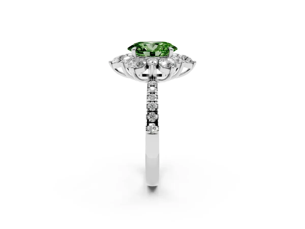 Fancy Green Oval Cut Diamond Floral Halo Ring with Round Pavé Band and Prong Setting White gold