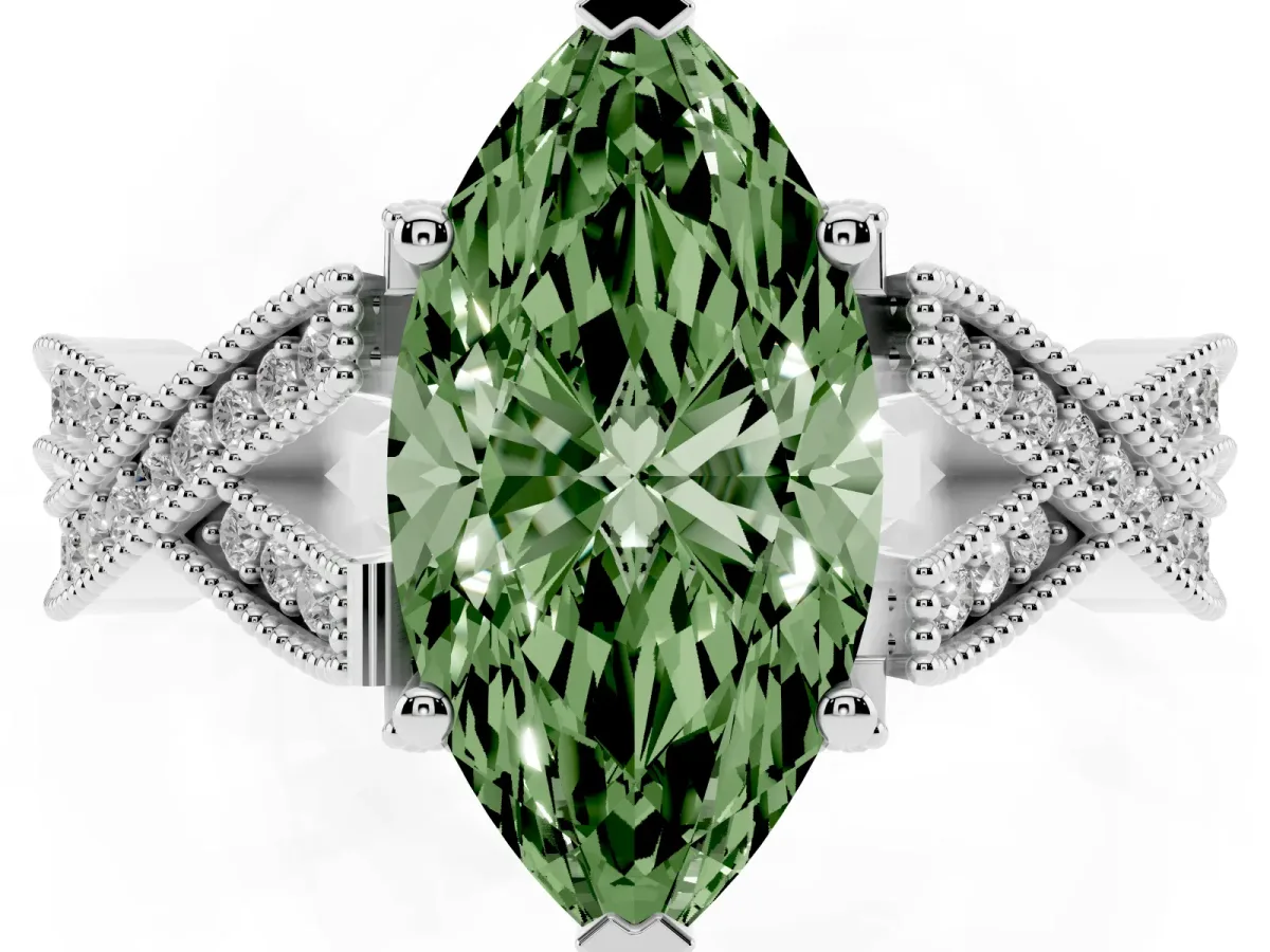 Fancy Green Marquise Cut Cut Diamond Twisted Band with Milgrain Pave Setting and Four-Prong Setting White gold