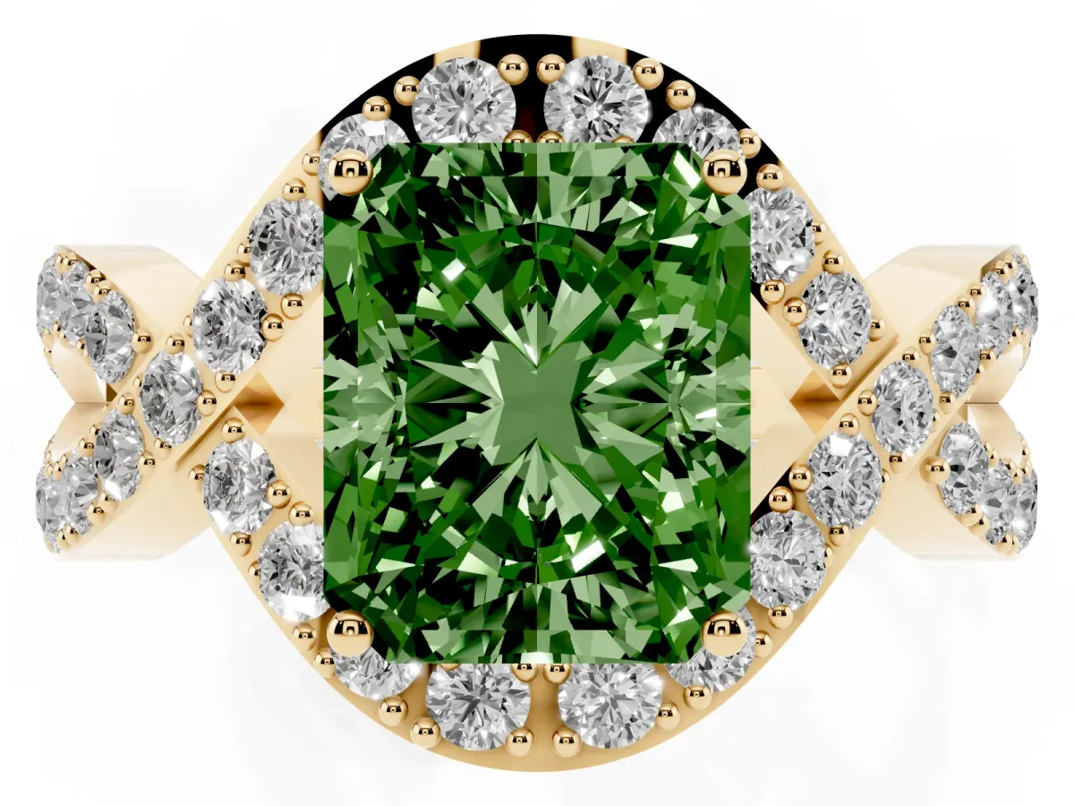 Fancy Green Radiant Cut Solitaire Twist Band Pavé Diamond Engagement Ring Yellow gold