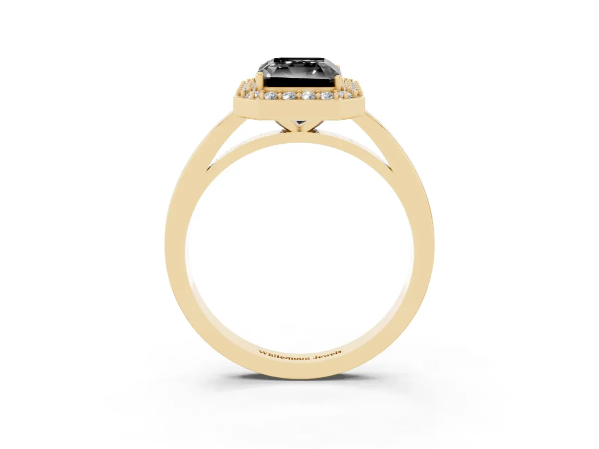 Fancy Black Radiant Cut Halo Diamond Ring with Solitaire Band and Prong Setting Yellow gold