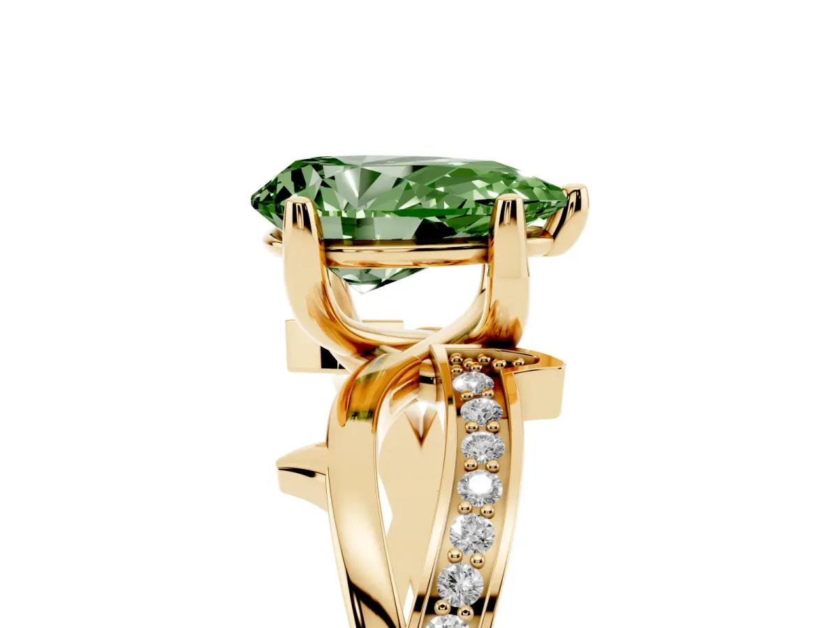Fancy Green Pear Cut Solitaire Twist Band with Pavé Accents and Four-Prong Setting Yellow gold