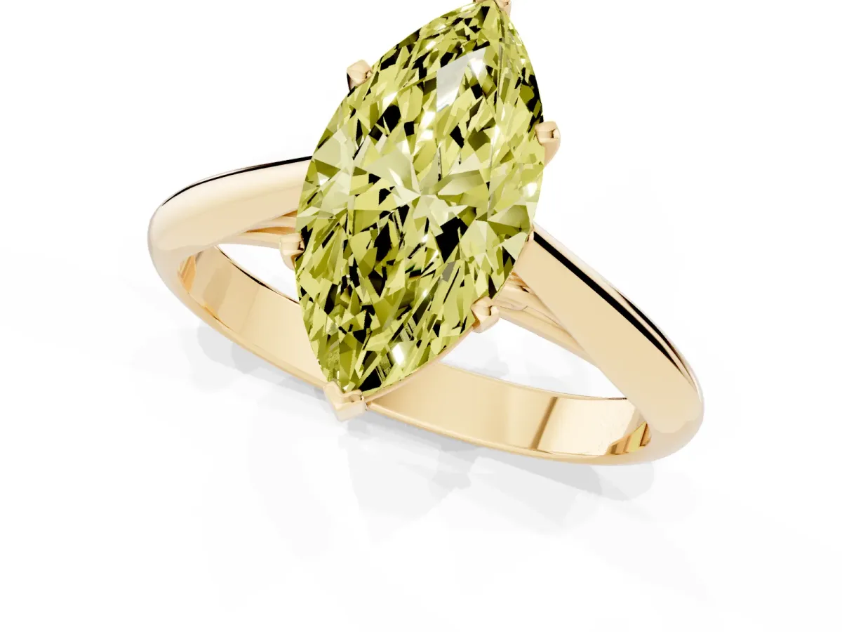Fancy Yellow Marquise Cut Diamond Solitaire Engagement Ring with Cathedral Setting and Four-Prong Mount Yellow gold