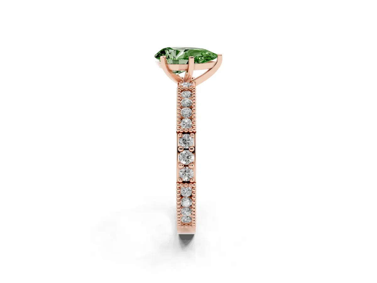 Fancy Green Pear Cut Solitaire with Pavé Band and Four-Prong Setting Rose gold