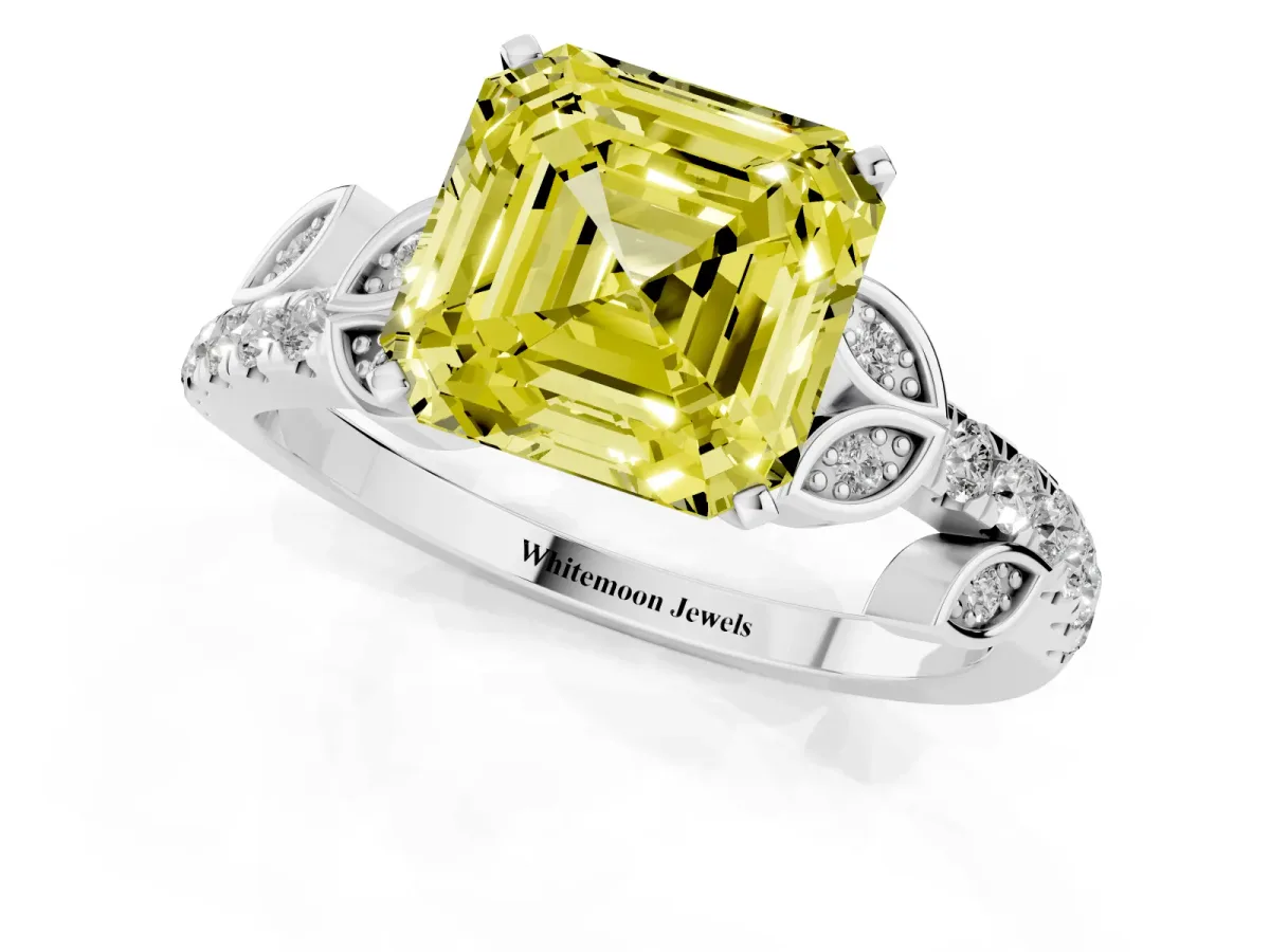 Fancy Yellow Asscher Cut Solitaire Leaf-Inspired Diamond Ring with Pavé Band and Four-Prong Setting White gold