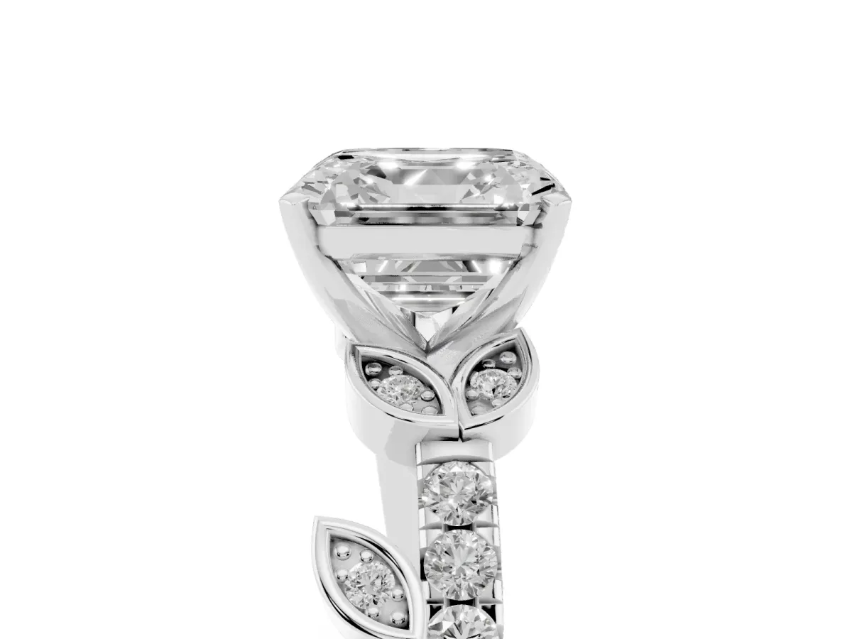 Asscher Cut Solitaire Leaf-Inspired Diamond Ring with Pavé Band and Four-Prong Setting Silver