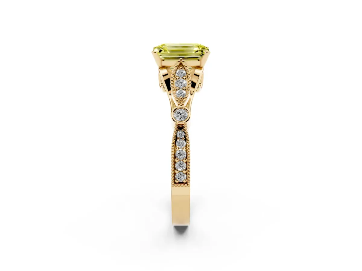 Fancy Yellow Emerald Cut Cut Diamond with Milgrain Marquise and Bezel Accents on a Solitaire Band with Prong Setting Yellow gold