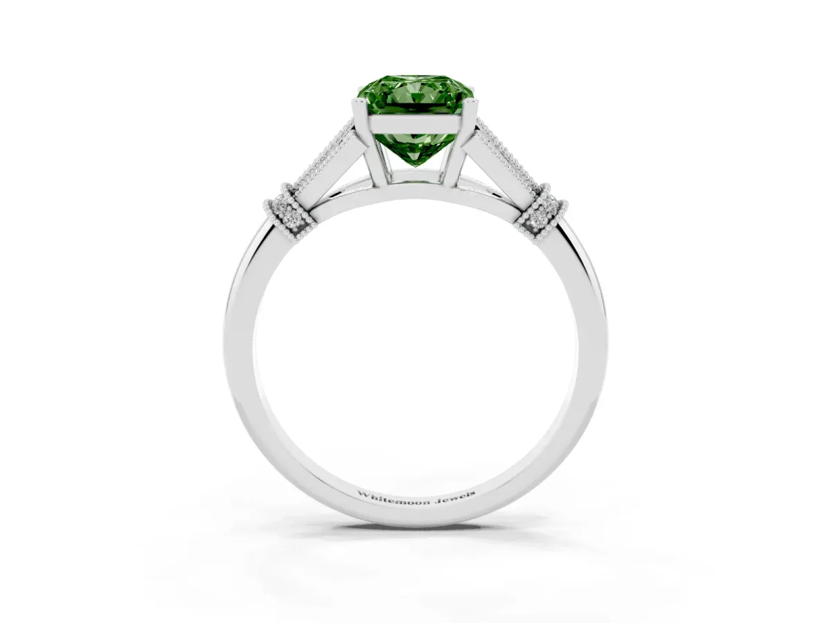 Fancy Green Radiant Cut Diamond Solitaire Ring with Floral Filigree and Pave Accents Platinum