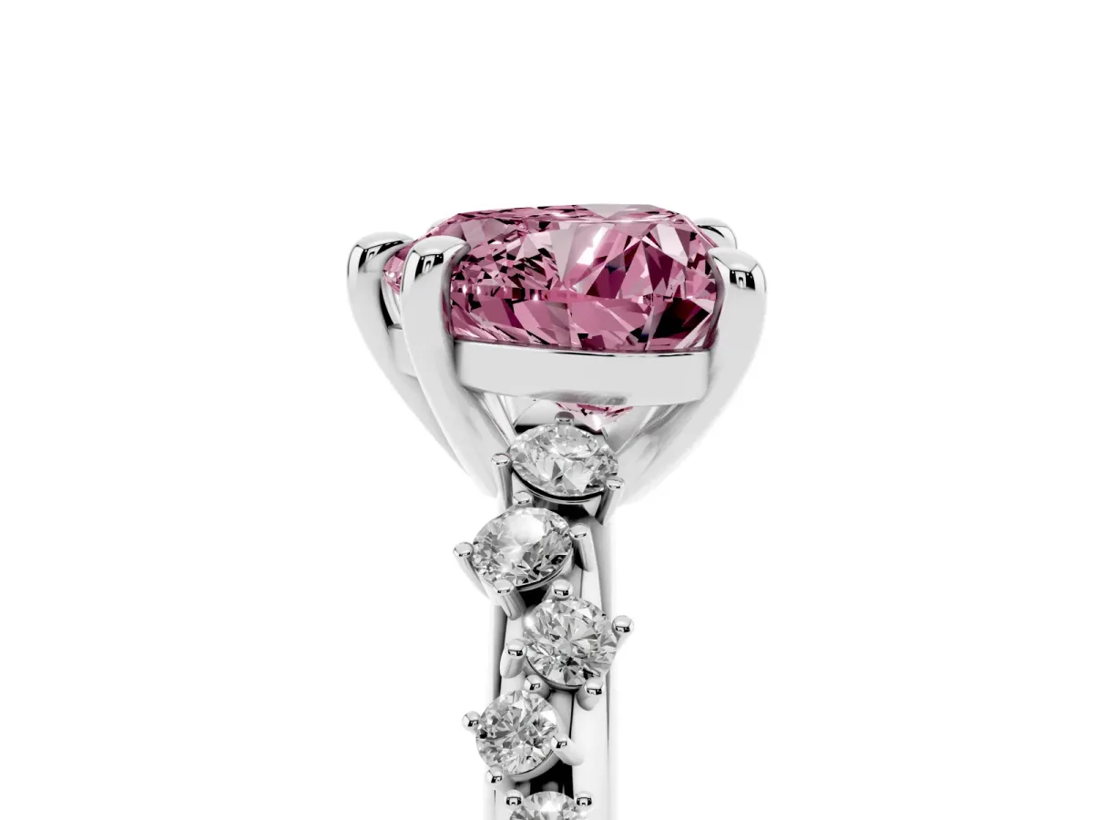Fancy Pink Heart Cut Cut Diamond Vine Band with Four-Prong Setting Silver