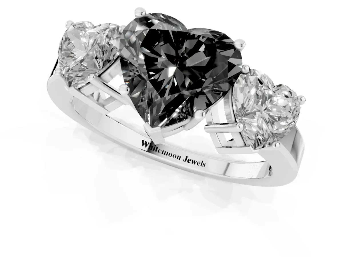 Fancy Black Three-Stone Heart Cut Cut Diamond Engagement Ring with Flat Band and Four-Prong Setting Silver