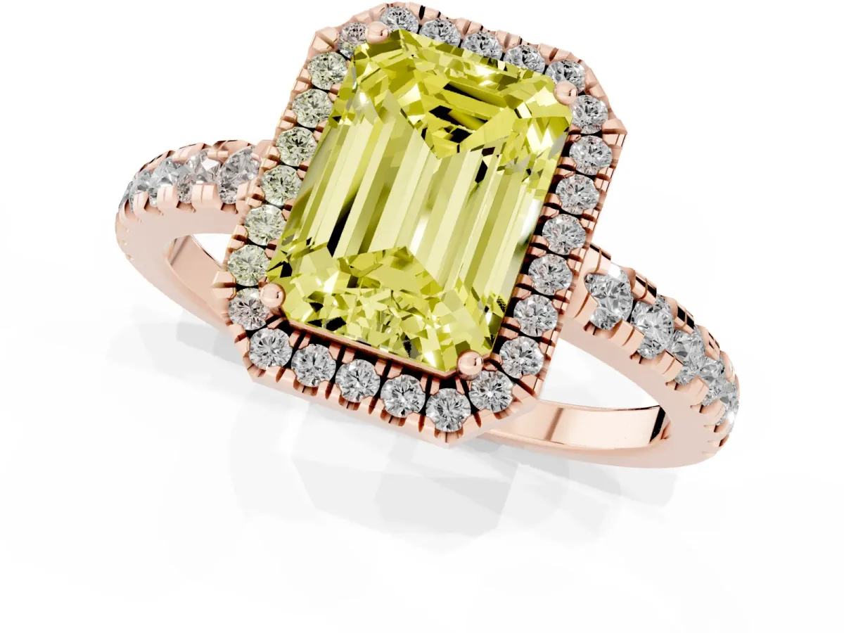 Fancy Yellow Emerald Cut Diamond Halo Ring with Pavé Band and Four-Prong Setting Rose gold