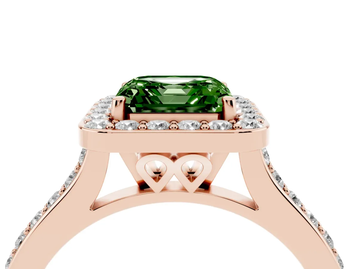 Fancy Green Asscher Cut Diamond Halo Engagement Ring with Round Pavé Shoulders and Prong Setting Rose gold