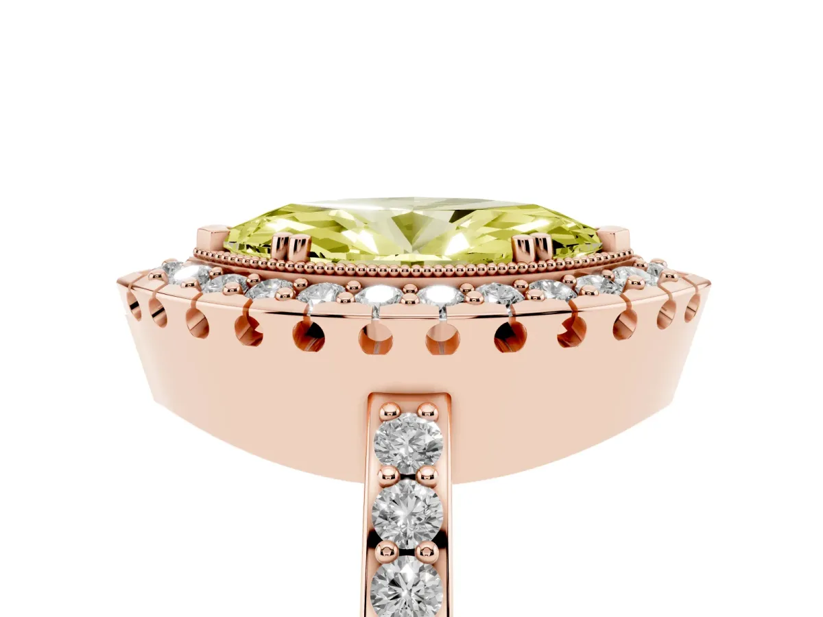 Fancy Yellow Marquise Cut Diamond Halo Ring with Pavé Band and Prong Setting Rose gold